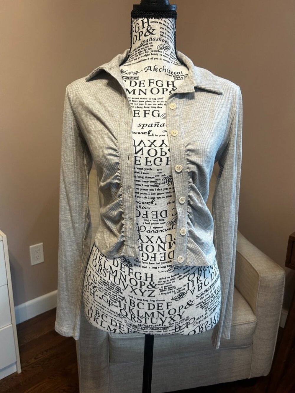 Reformation Elin Ribbed Knit Button Front Top Gray S